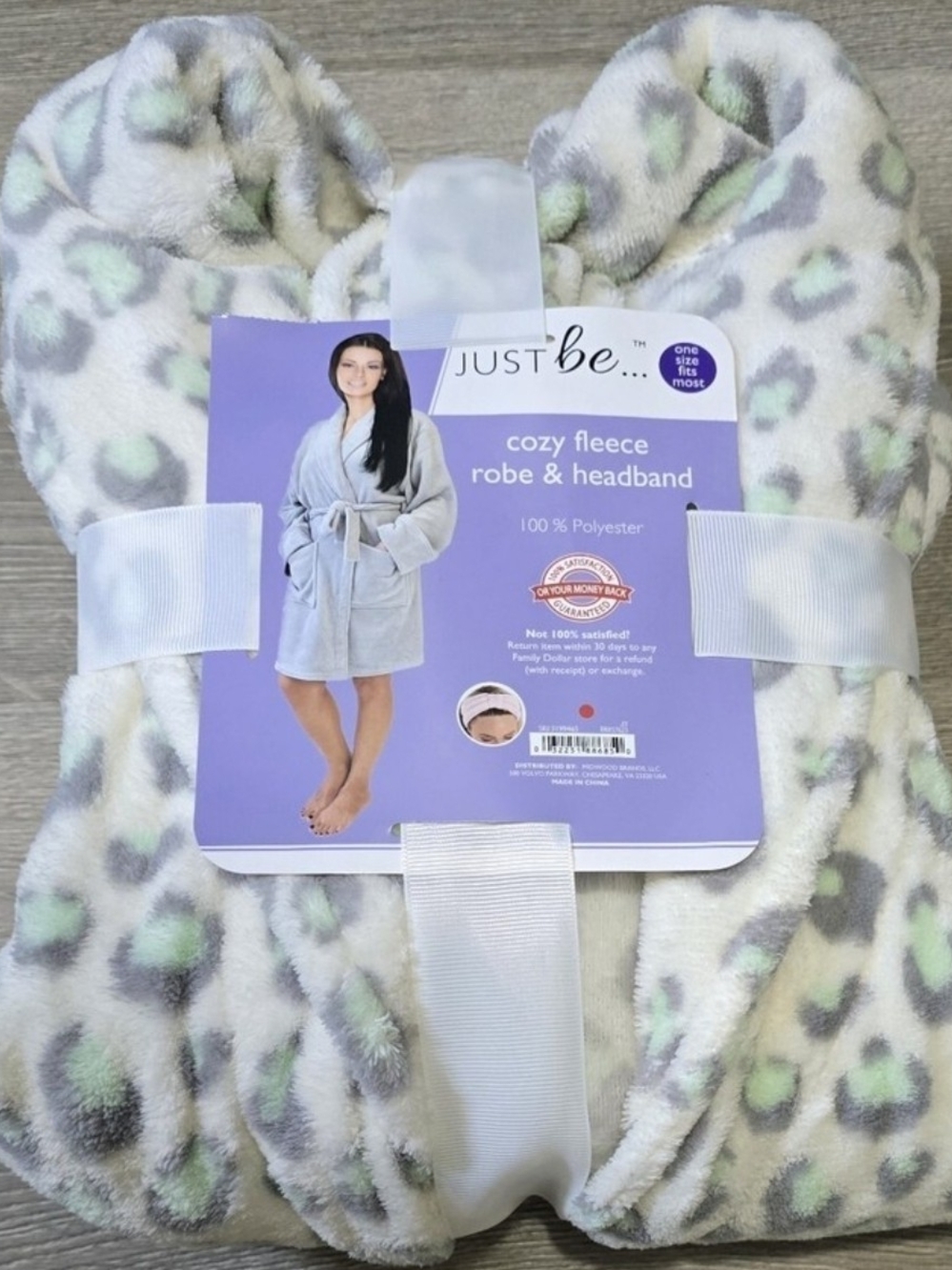 Cozy Fleece Robe & Headband in Gray and Mint Leopard